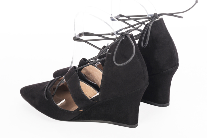 Matt black women's open side shoes, with lace straps. Tapered toe. Medium wedge heels. Rear view - Florence KOOIJMAN